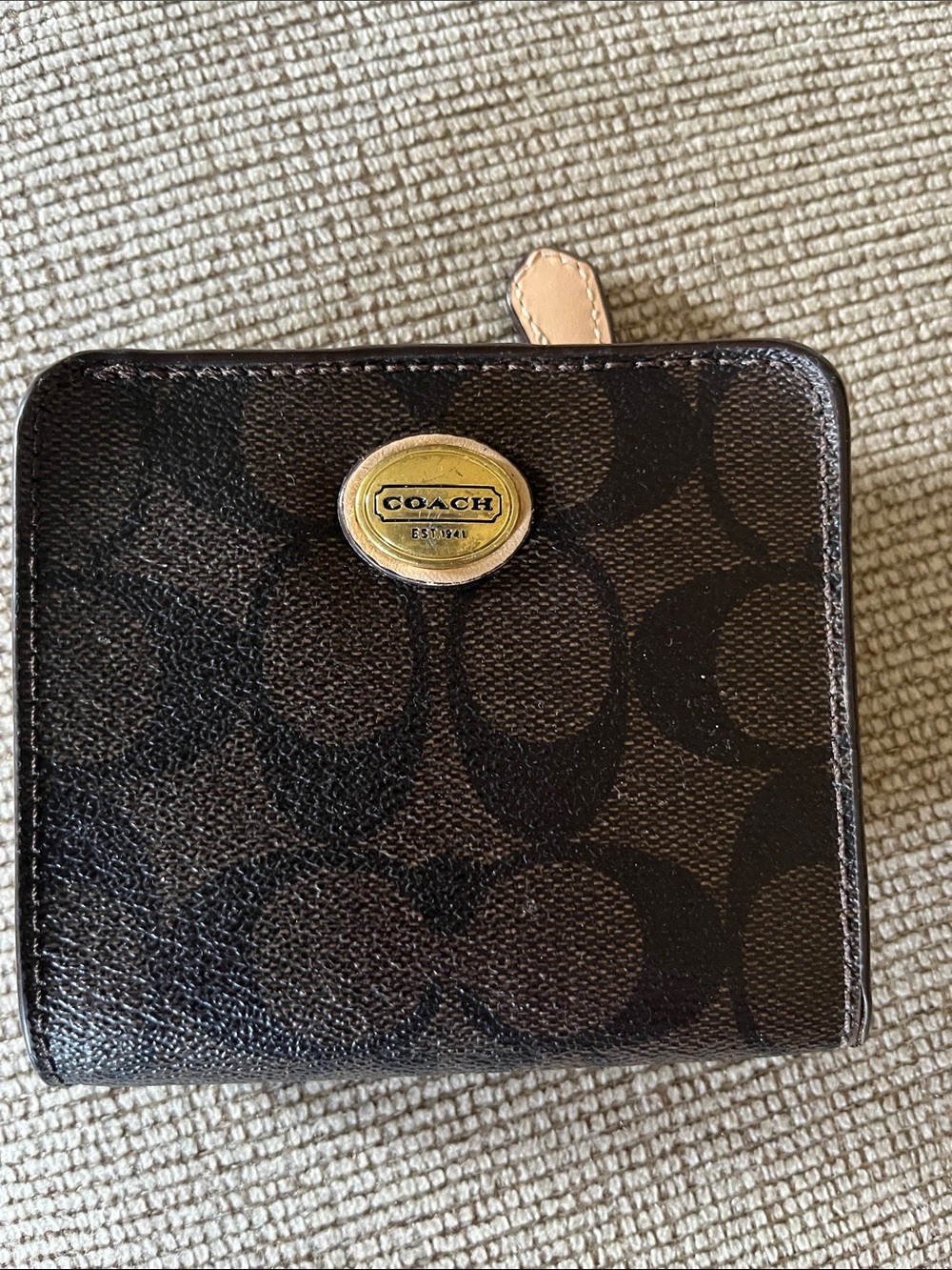 Coach Brown Signature Compact Zip Wallet with Gold Logo